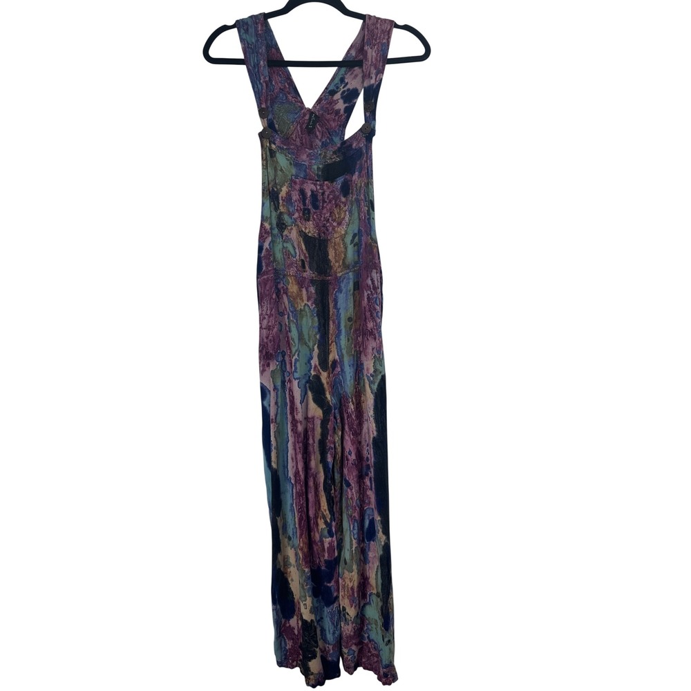 Sacred Threads Tie Dye Overalls Boho Rayon Jumpsuit OS Watercolor Hippie